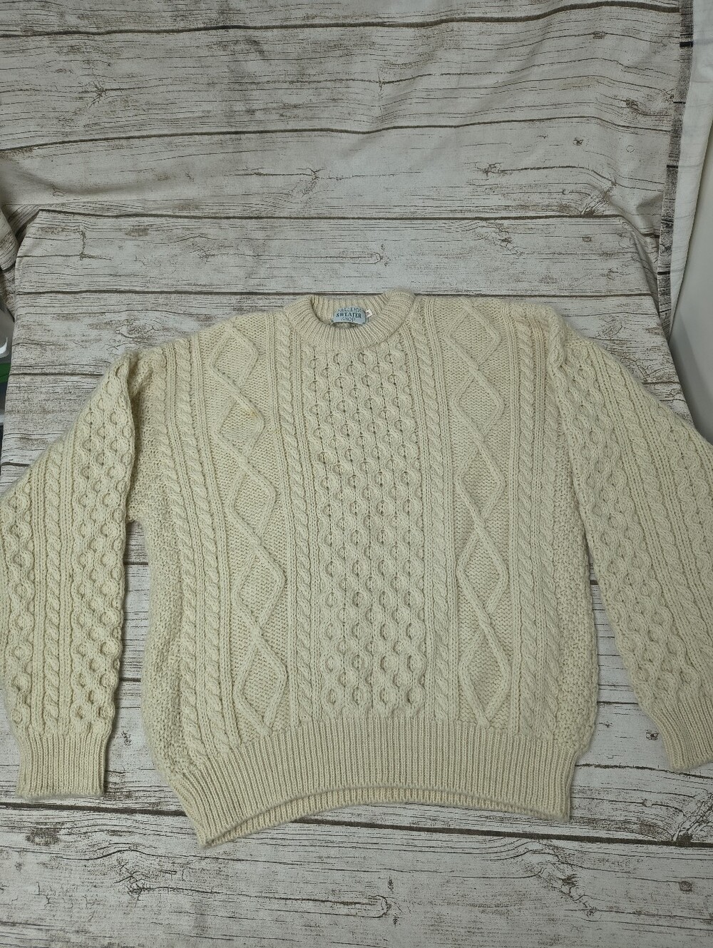 Fallers Sweater Shop Cream Cable Knit Fisherman Wool Sweater Medium